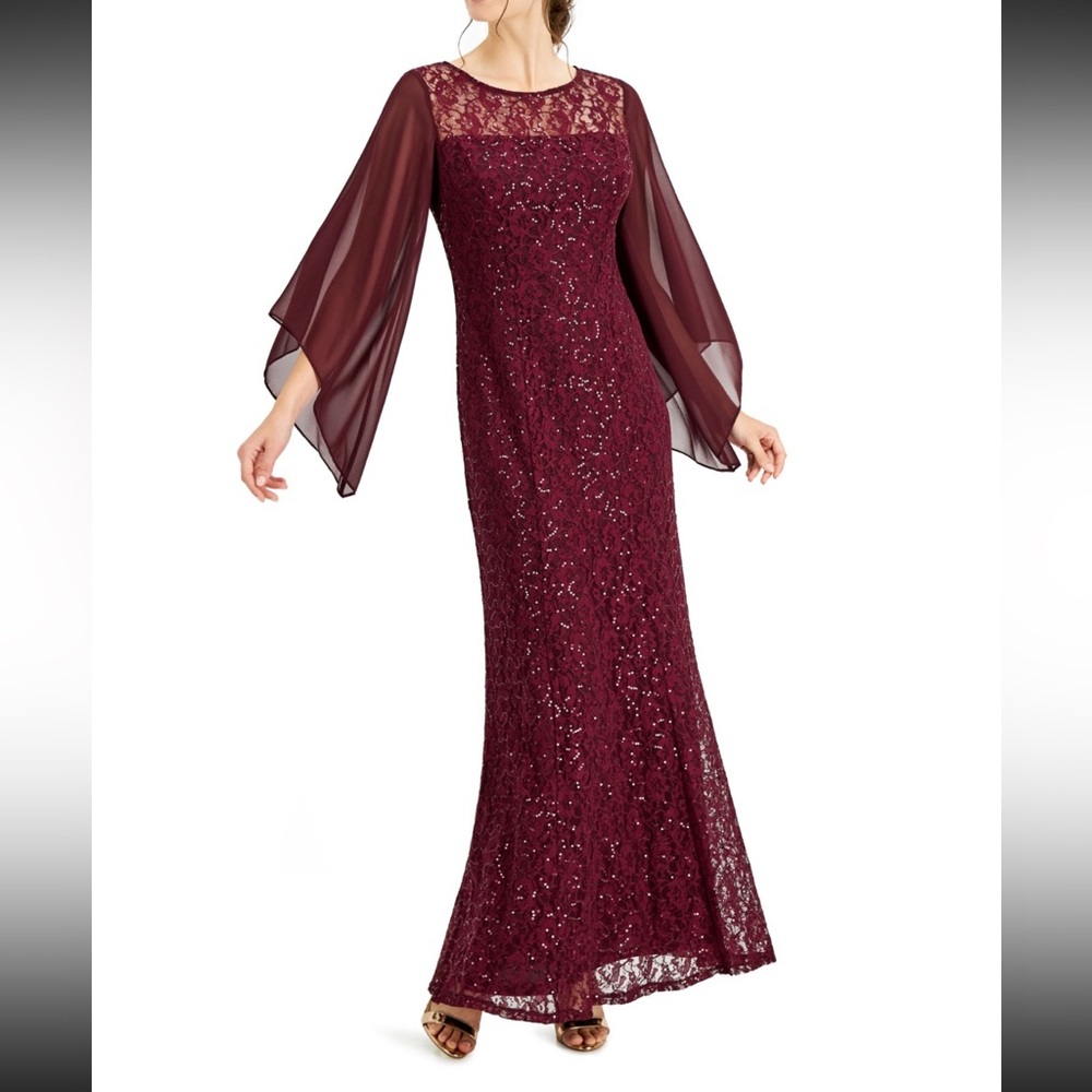 SLNY Sequin Lace Maroon Formal Gown, Long Flutter Sleeves & Illusion Neckline